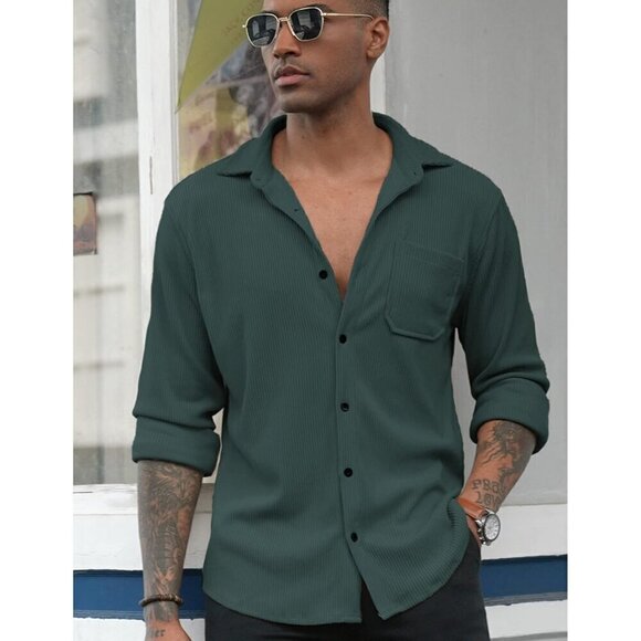 ❤️ Men's Corduroy Shirt Shacket Long Sleeve Button Down Lightweight Jacket Green - Picture 2 of 5